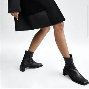 ZARA Leather Black Square Toe Ankle Boots 37